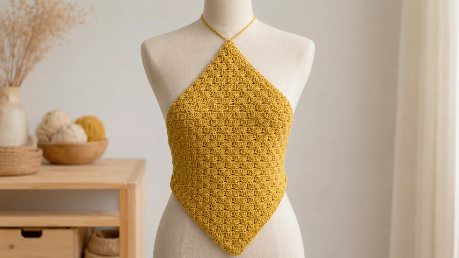 Top Alaya de crochê amarelo-dourado em manequim, com modelagem frente única, amarração no pescoço e ponta triangular.