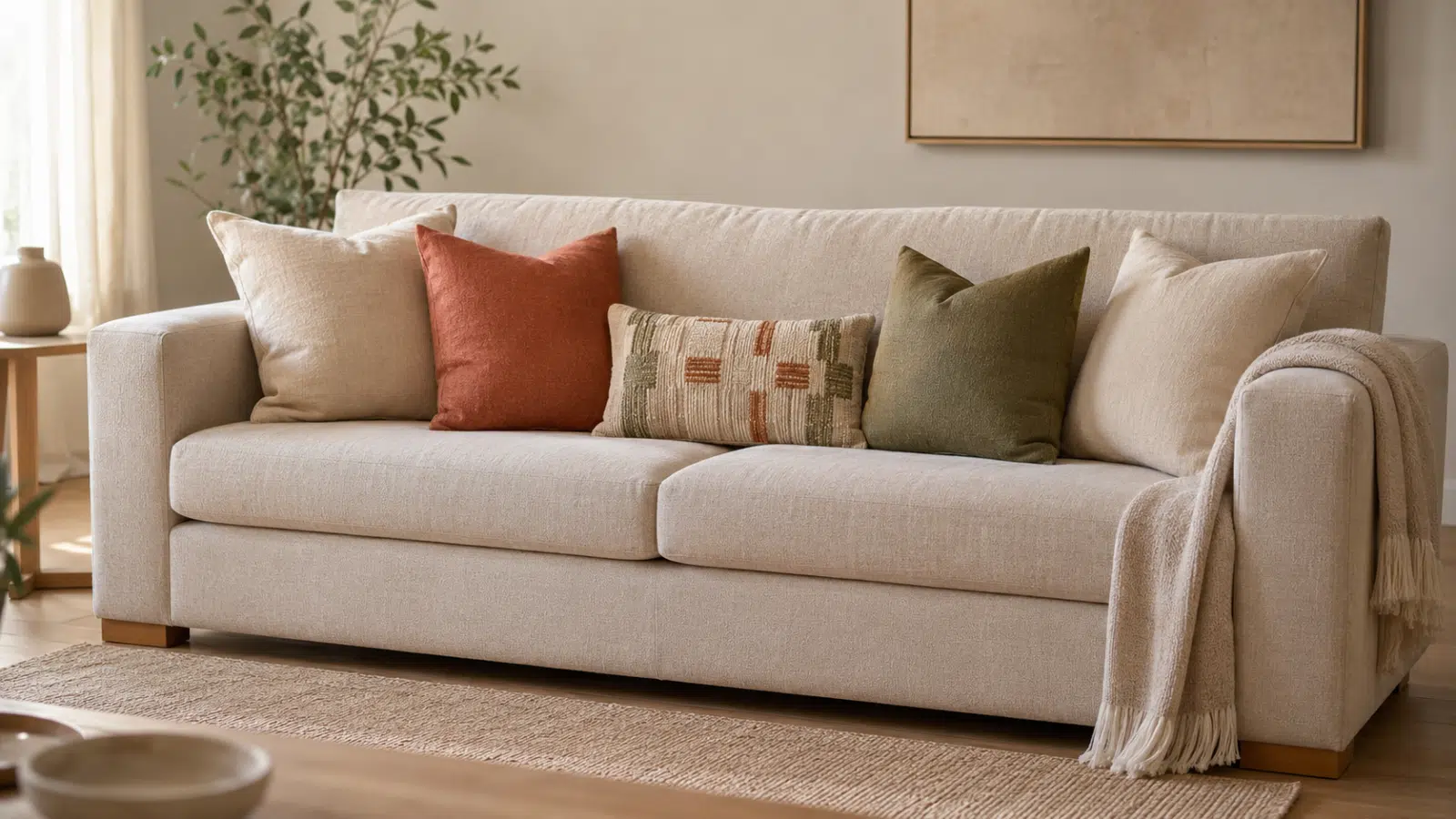 Sofá claro decorado com almofadas de diferentes cores, tamanhos e texturas