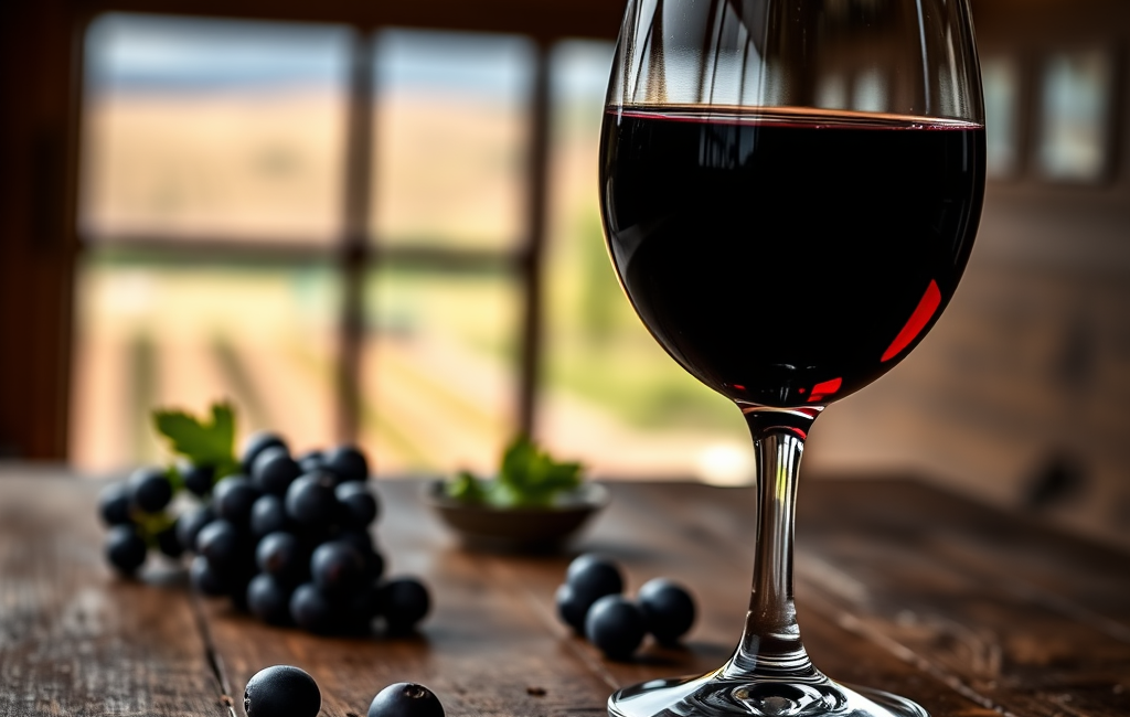 **Image Prompt for "Taste Test: What’s in the Glass?" Section:** A close-up, moody yet elegant photo of a poured glass of **Ink Grade Napa Valley Cabernet Sauvignon 2019**, capturing its deep ruby-red hue. The wine glass sits on a rustic wooden table with soft natural lighting, highlighting the liquid’s richness. In the background, subtle vineyard elements (like grapevines or a blurred Napa Valley landscape) evoke luxury and place. A few loose grapes or a small cluster beside the glass add texture. The scene evokes warmth and sophistication—like an intimate tasting moment—without text or distractions. *(Note: Lighting should emphasize the wine’s velvety appearance; focus is on the glass and sensory appeal.)*