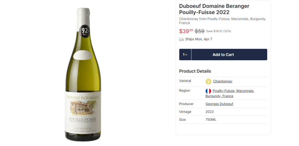 Duboeuf Domaine Beranger Pouilly-Fuisse 2022 Review