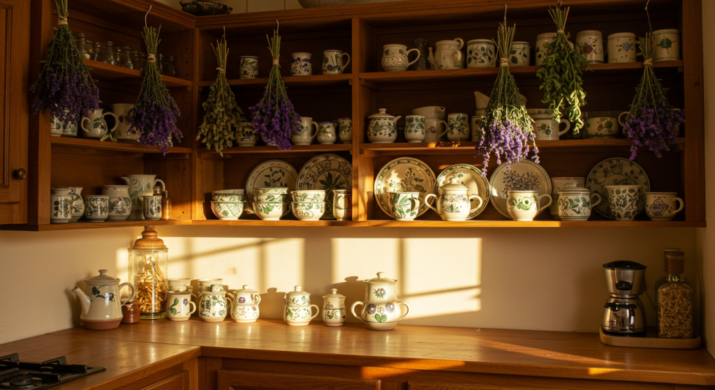 a shelf with dishes and flowers