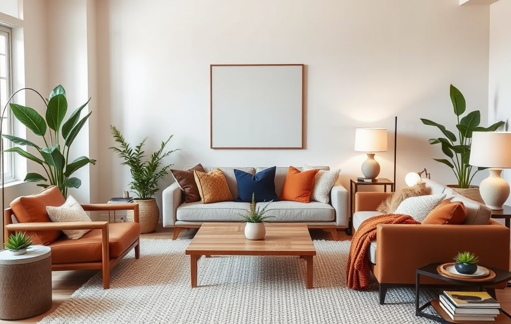 Modern living room home decor with textures, warmth, and personal touches for coziness.