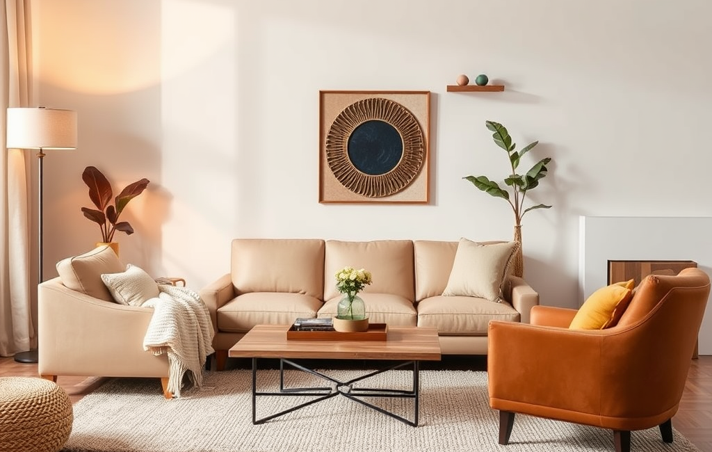 Balancing modern living room home decor with textures, warmth, and personal touches.