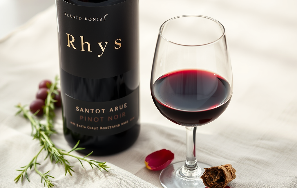 Ruby-colored Rhys Santa Cruz Mountains Pinot Noir 2019 in a wine glass, elegant and refined
