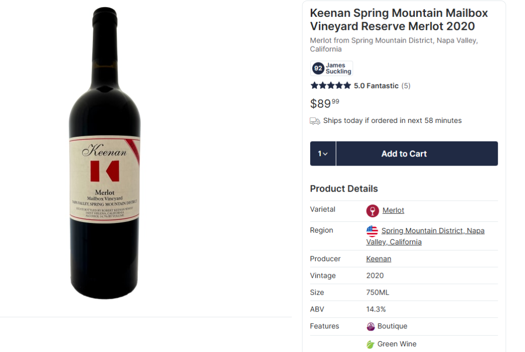 Keenan Spring Mountain Mailbox Vineyard Reserve Merlot 2020