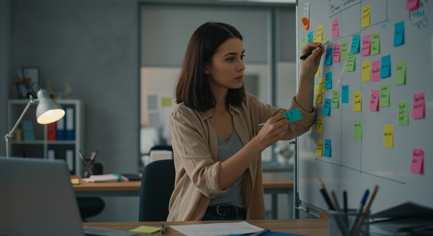 Woman prioritizing tasks using effective organization techniques