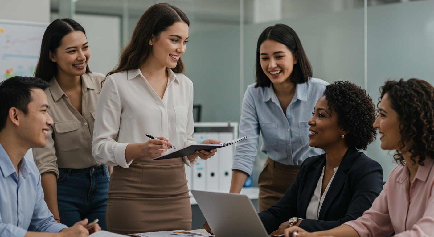Professional woman with her support network of colleagues, family and friends