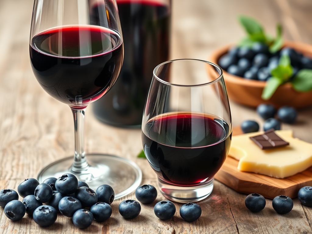 Blueberry wine poured into a glass, showcasing its rich, dark purple color.