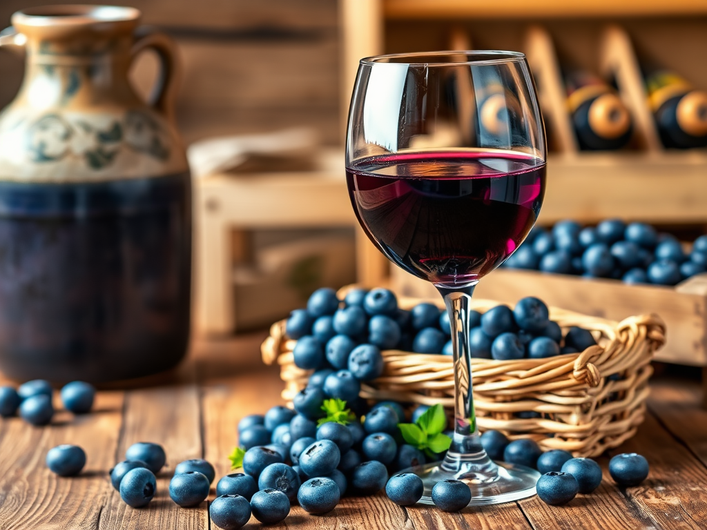 A bottle of blueberry wine on a rustic table with fresh blueberries nearby.