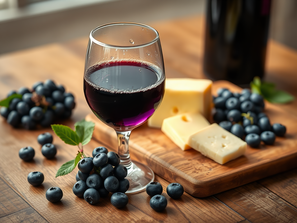 Fresh blueberries and leaves surrounding a bottle of homemade blueberry wine.