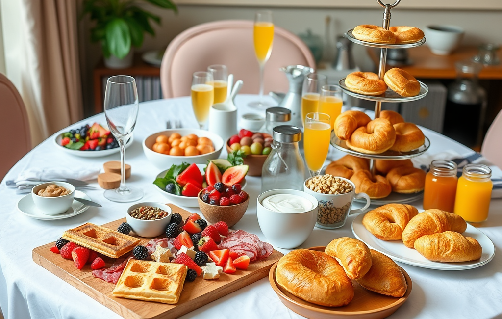 Vibrant brunch spread with delicious food and refreshing drinks on a sunny table
