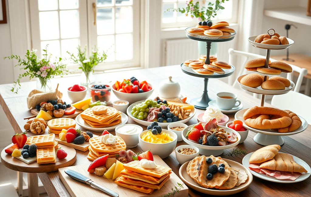 Beautifully arranged brunch dishes with fresh flowers and elegant table settings