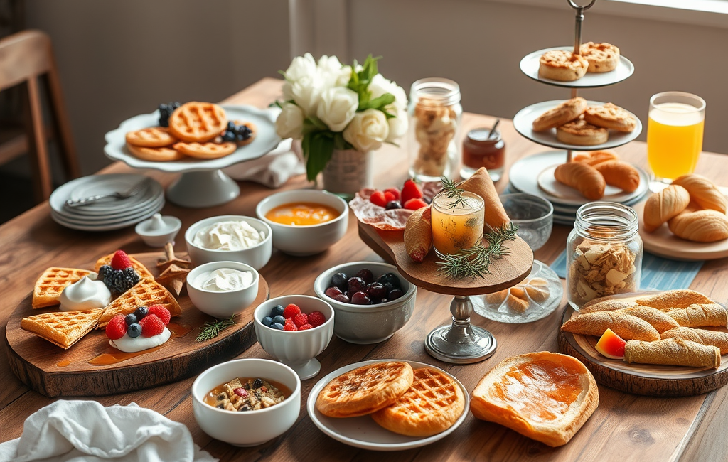 Stunning brunch setup with a variety of pastries, eggs, and juices in a garden