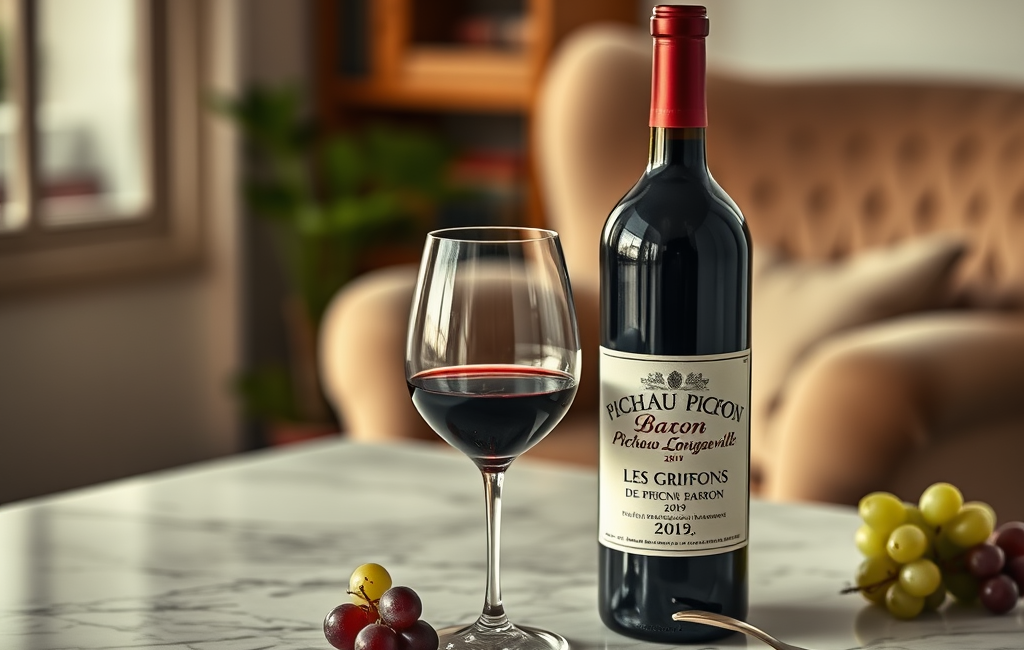 Elegant bottle of Chateau Pichon-Longueville Baron Les Griffons 2019 displayed on wooden table.