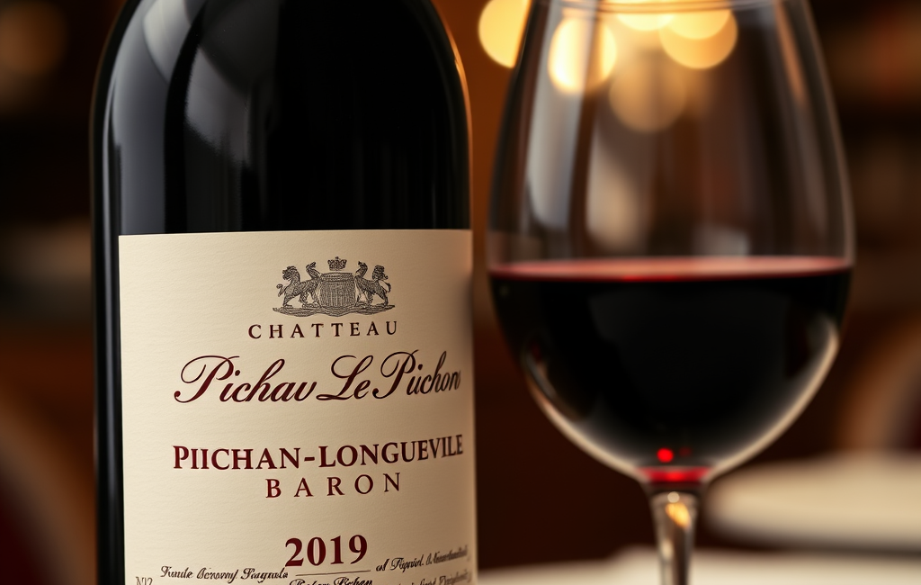 Glass of deep red Bordeaux being poured, highlighting Les Griffons 2019’s rich color.