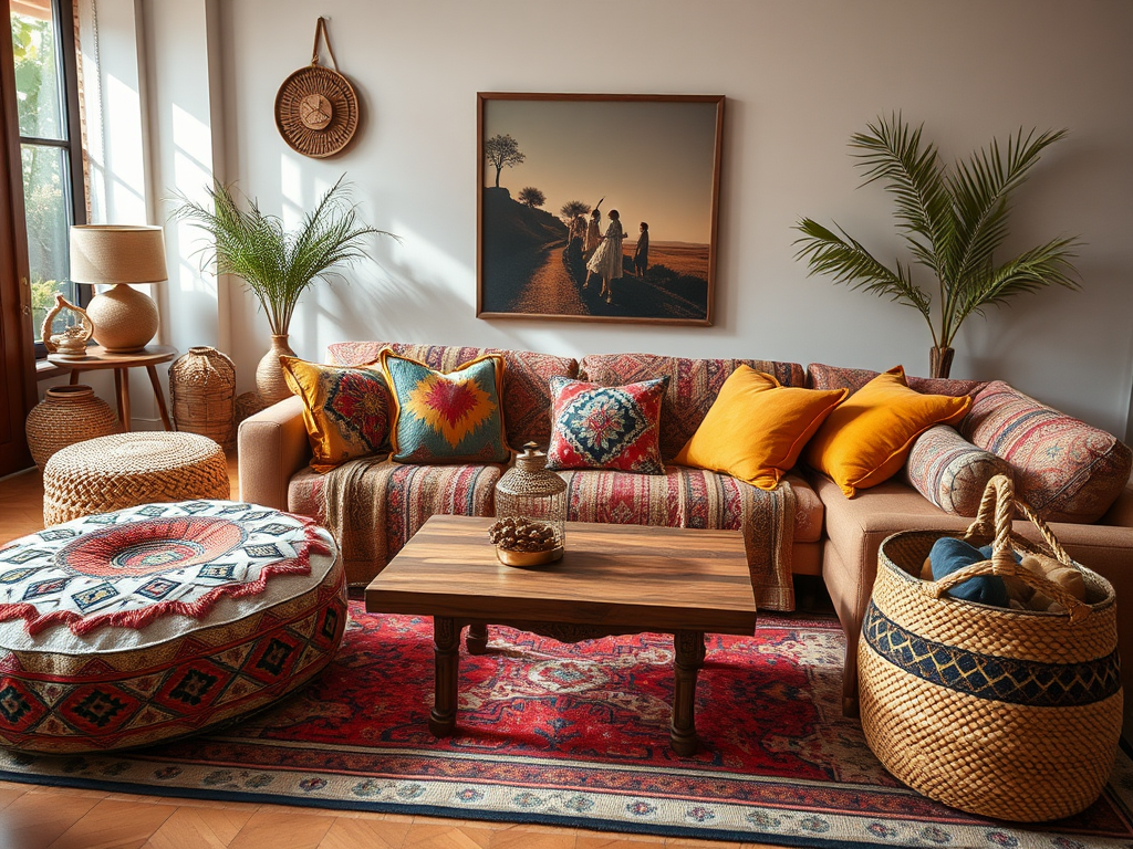 Globally-inspired room with bold ethnic home decor elements and textiles.
