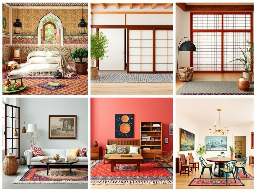 Ethnic home decor ideas with hand-knotted rugs and block-printed textiles.