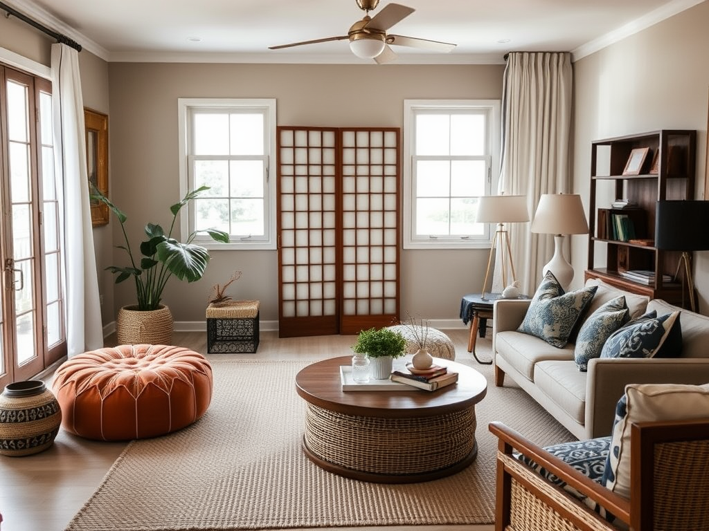 Well-traveled look with ethnic home decor and globally-inspired furniture.