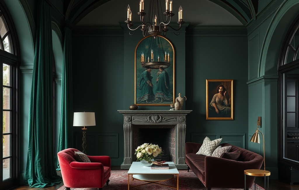 Gothic interior design with rich color palettes and medieval grandeur elements.