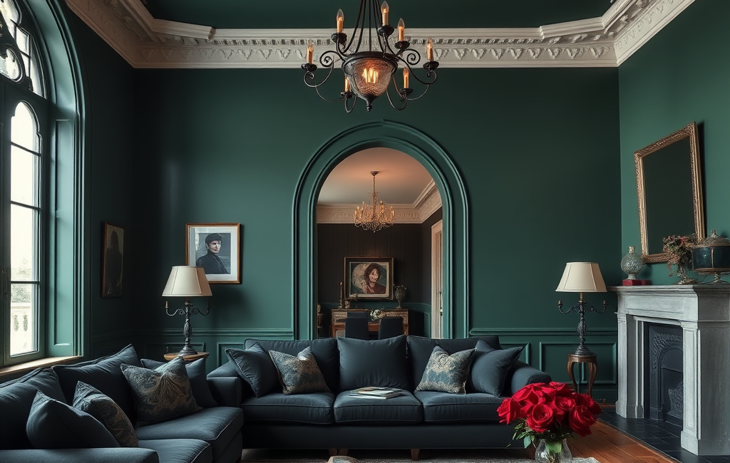 Elegant Gothic interior design with architectural elements and rich colors.