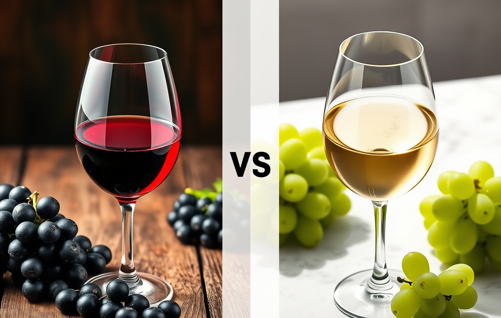 A comparison of red and white wine's nutritional health benefits side by side.