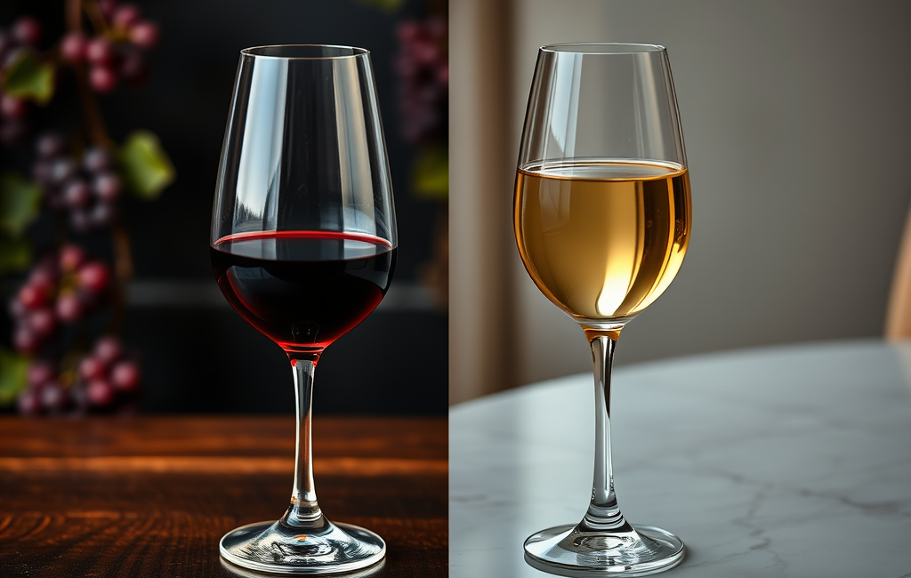 A glass of red wine with a backdrop of healthy food and lifestyle choices.