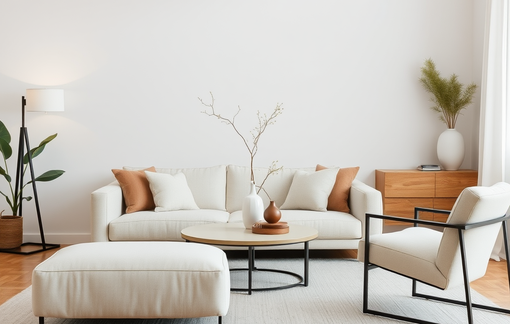 Cozy minimalist living room with natural light and sparse decor elements.