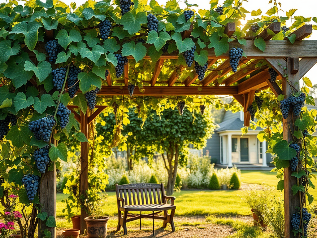 Lush backyard vineyard landscape with rows of grapevines and outdoor seating area