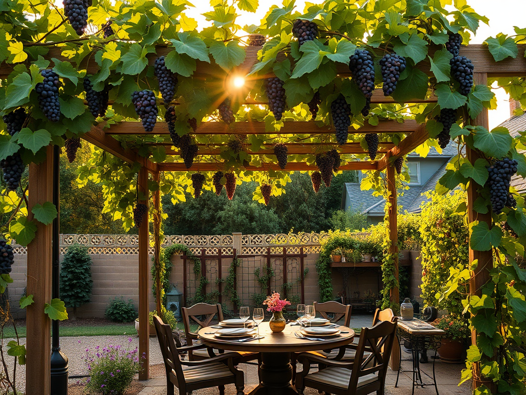 Backyard vineyard with trellis and ripe grapevines in a serene outdoor setting