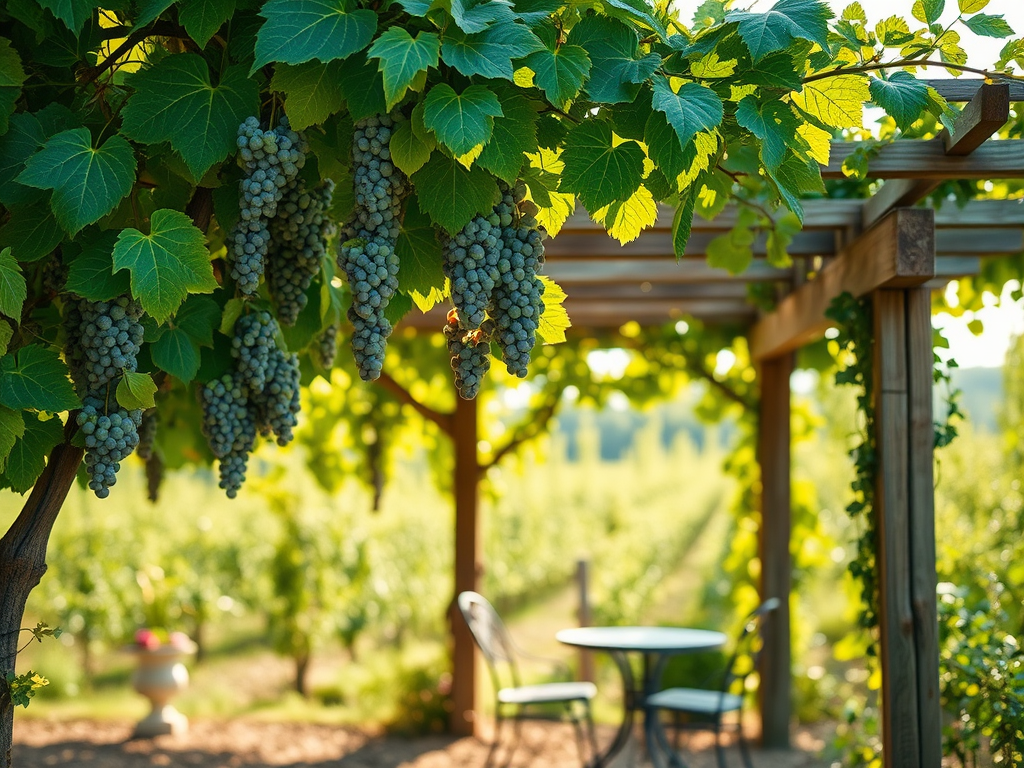 Scenic backyard vineyard with winding path and mature grapevines at sunset