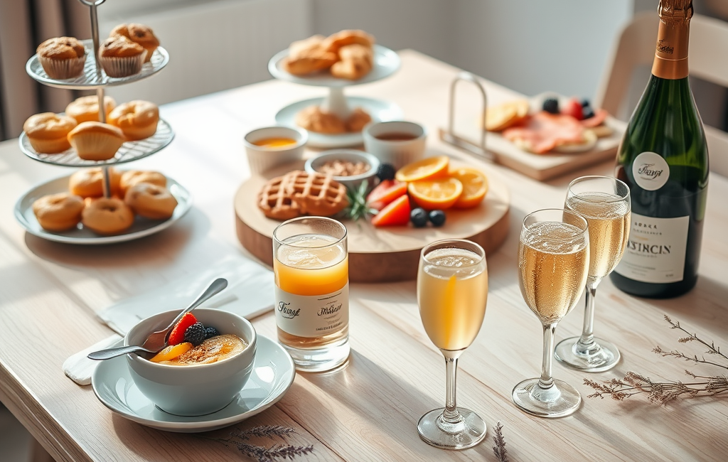 Brunch buffet with an assortment of tasty treats and beverages for guests enjoyment