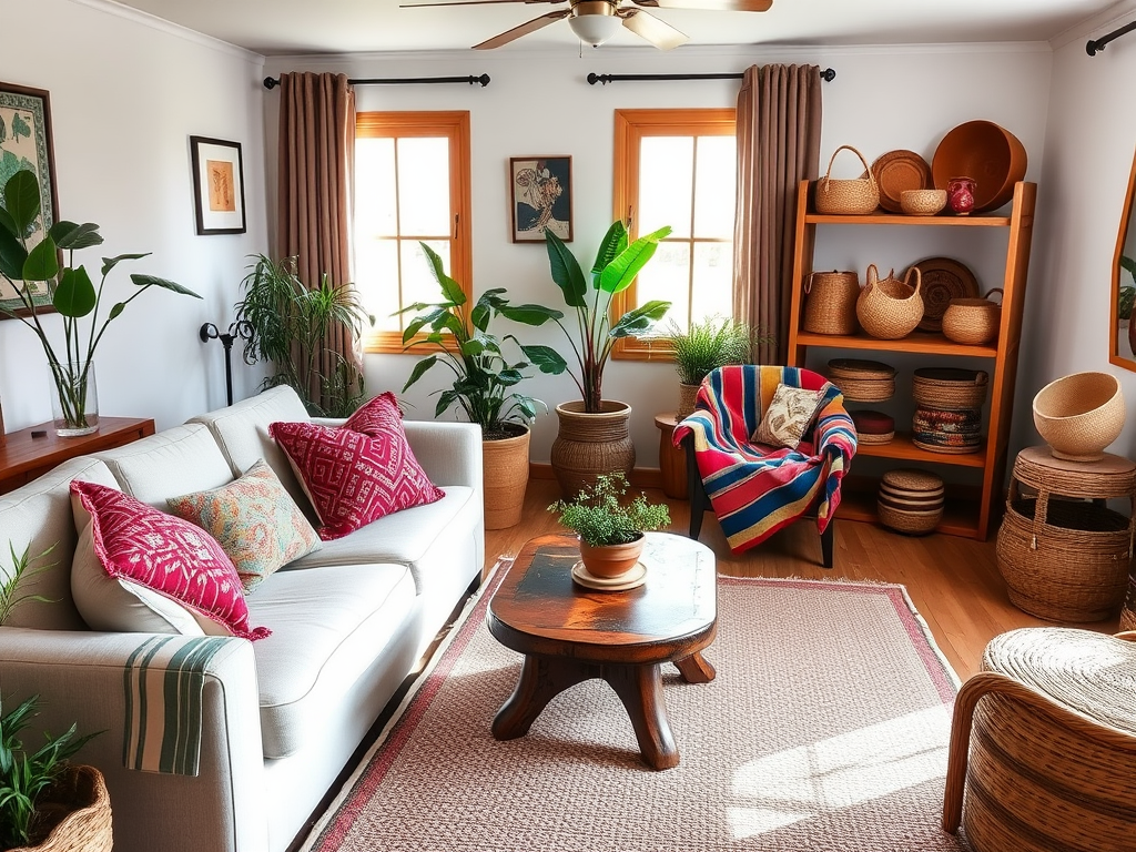 Ethnic home decor celebrating global cultures with vibrant colors and patterns.