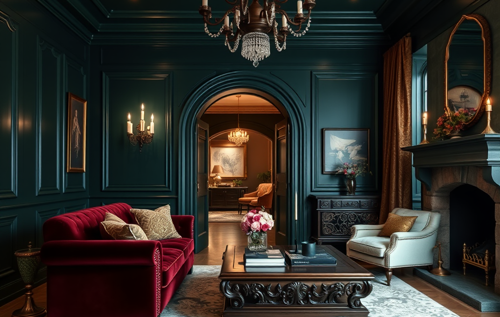 Gothic interior design with a blend of medieval grandeur and modern style.