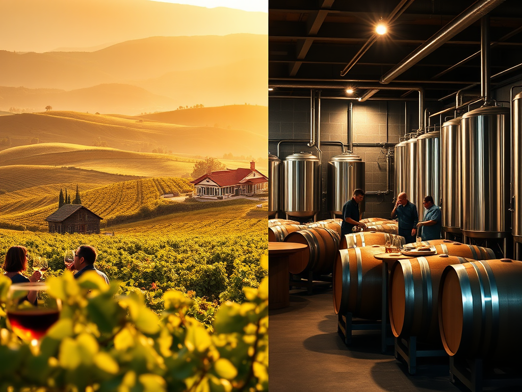 A split-image concept showing the difference between a **wine farm** and a **winery**. - **Left side (Wine Farm):** A sprawling countryside estate with lush vineyards under golden sunlight. In the distance, a rustic farmhouse with a tasting terrace, where visitors enjoy wine glasses with a platter of local cheese and charcuterie. Grapevines dominate the foreground, blending into rolling hills. Soft, natural lighting for a warm, inviting feel. - **Right side (Winery):** An industrial-chic, modern winery interior—stainless steel fermentation tanks, oak barrels in a dim cellar, and a winemaker testing a sample from a glass beaker. Subdued, cool-toned lighting with pops of amber from barrel reflections. Workers in the background handling bottling equipment. — **Background & Mood:** - The split should feel like a seamless transition from rural serenity (left) to urban precision
