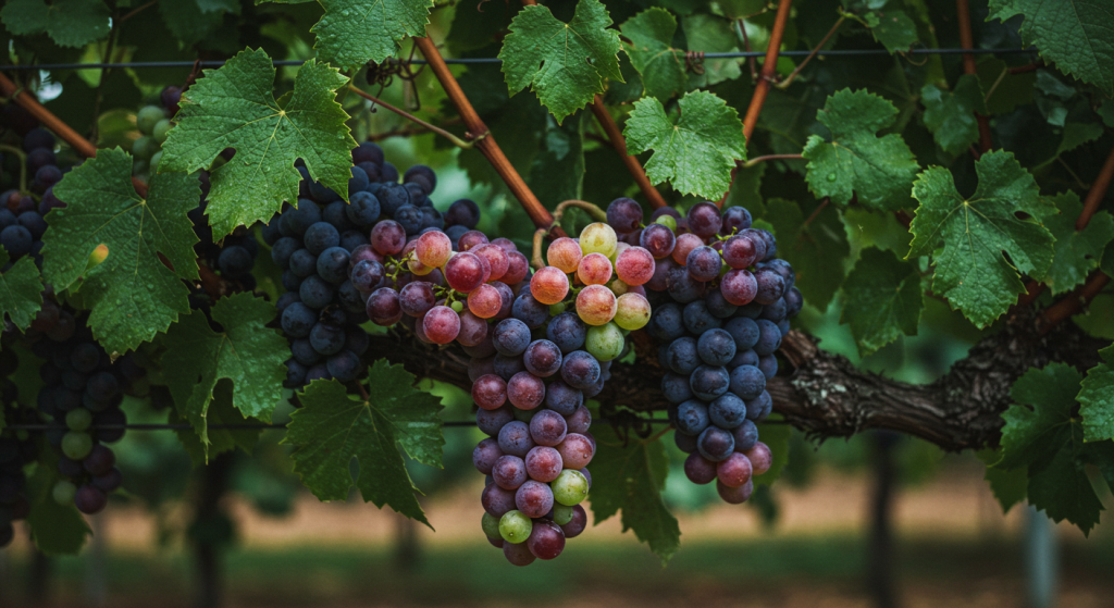 Serene wine farm landscape with lush greenery and sunlit vineyards.