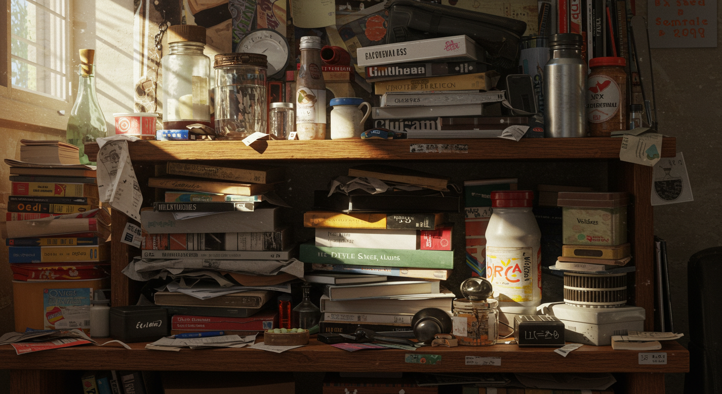 Organized chaos area with cluttercore style and decorative storage containers.