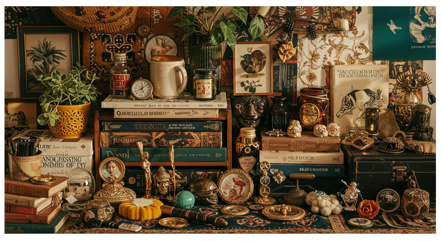 Cluttercore aesthetic organized chaos with a blend of modern and vintage pieces.