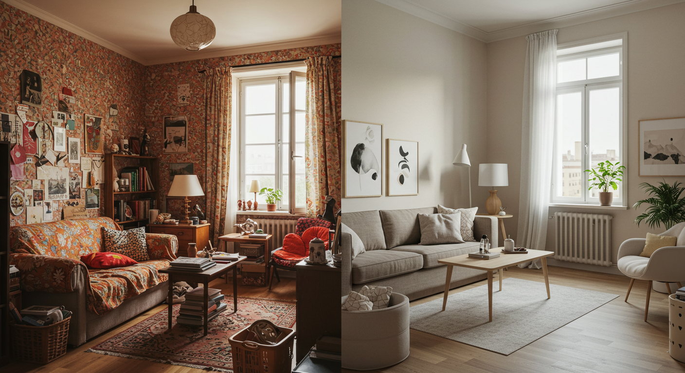 Cluttercore style organized chaos with a mix of textures and colors on shelves.