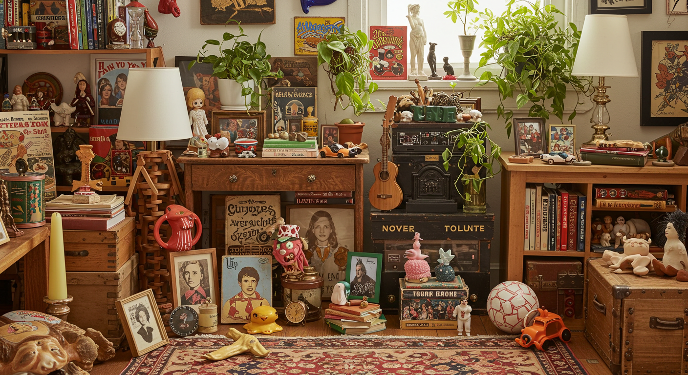Personalized cluttercore organized chaos area with sentimental objects and plants.
