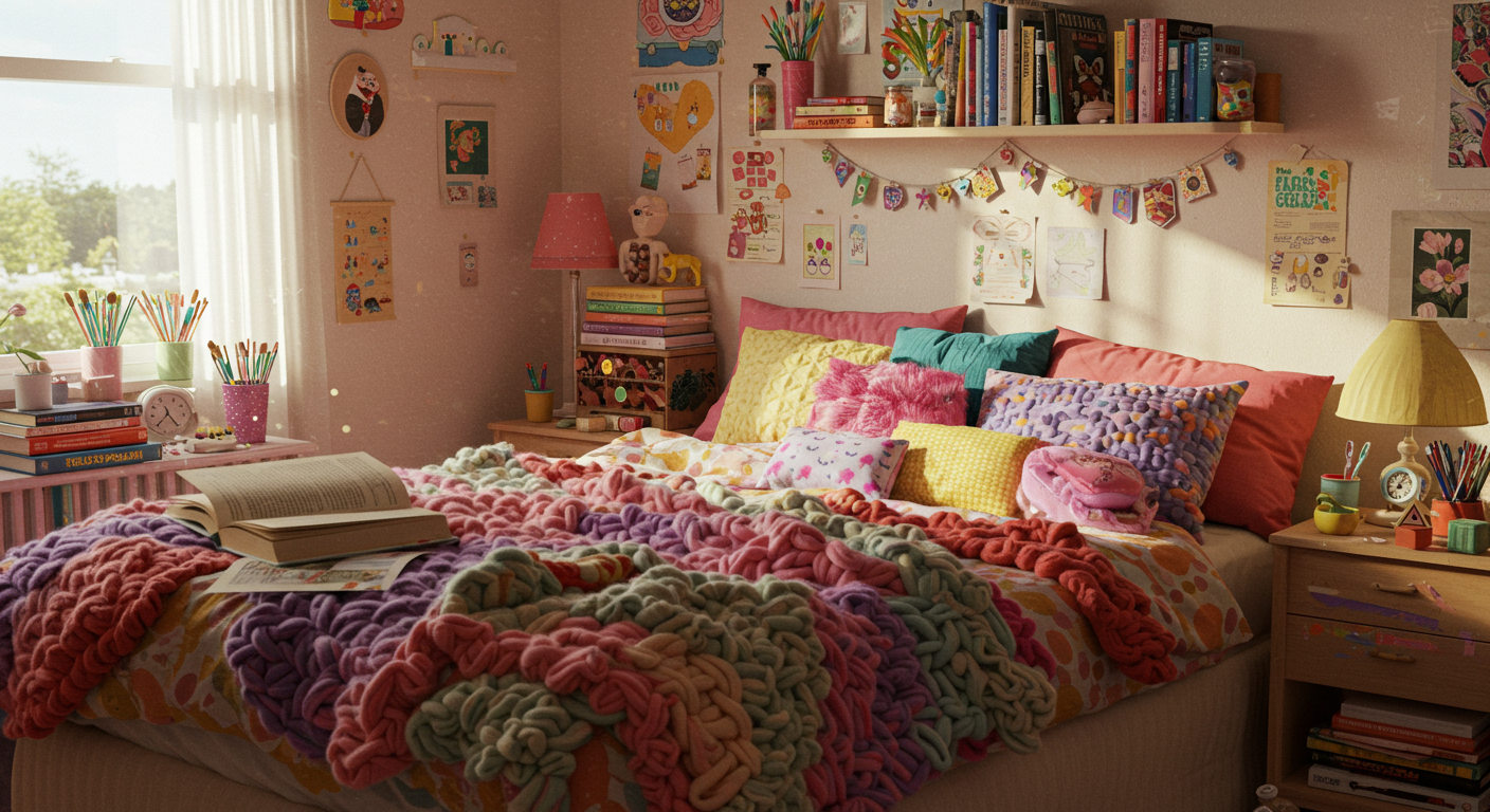 Organized chaos room with cluttercore aesthetic and a variety of decorative items.