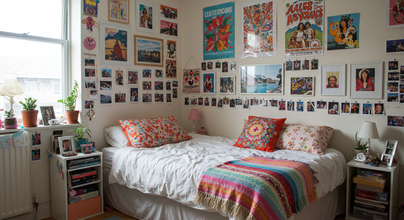 Cozy organized chaos area with cluttercore style and functional storage solutions.