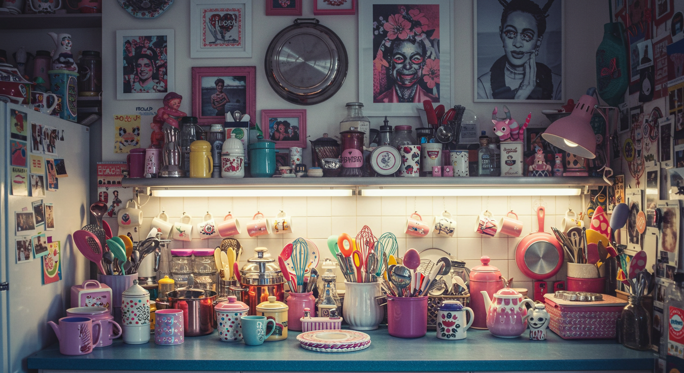 Cozy cluttercore organized chaos nook with comfortable seating and decor.