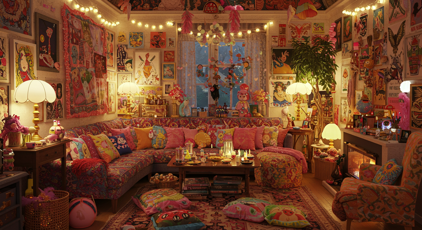 Organized chaos space embracing cluttercore aesthetic with vintage and modern elements.