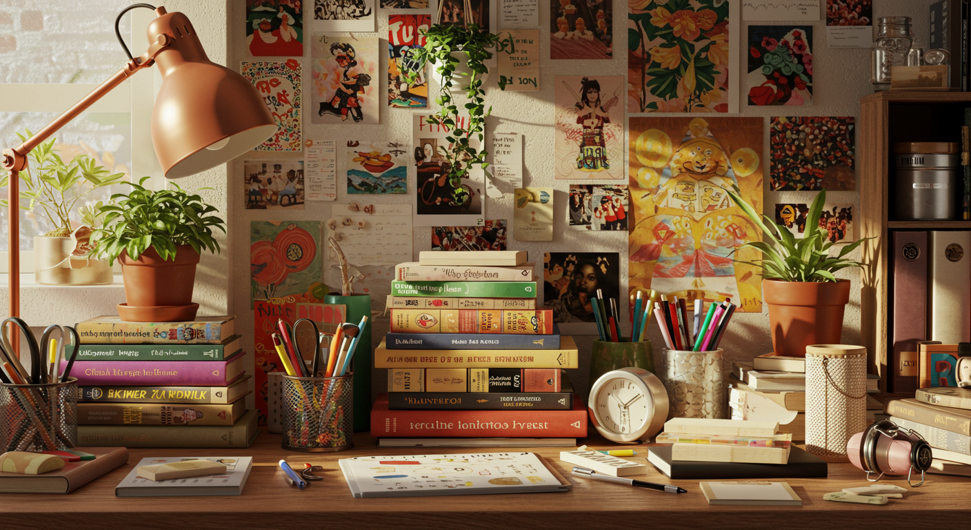 Cluttercore aesthetic organized chaos space with personal touches and seasonal decor.