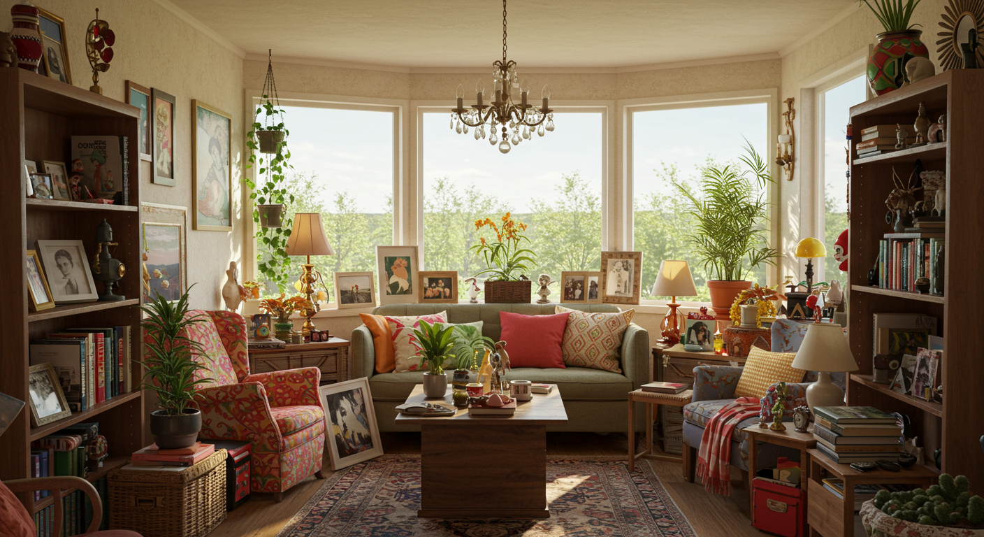 Cluttercore style space with organized chaos and a focus on personal expression.