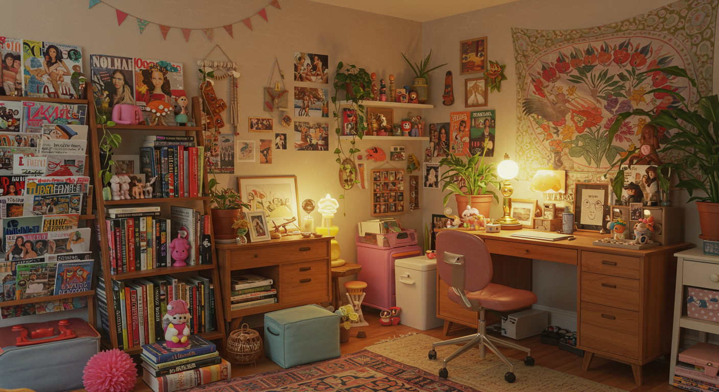 Cluttercore style organized chaos with functional and decorative elements.