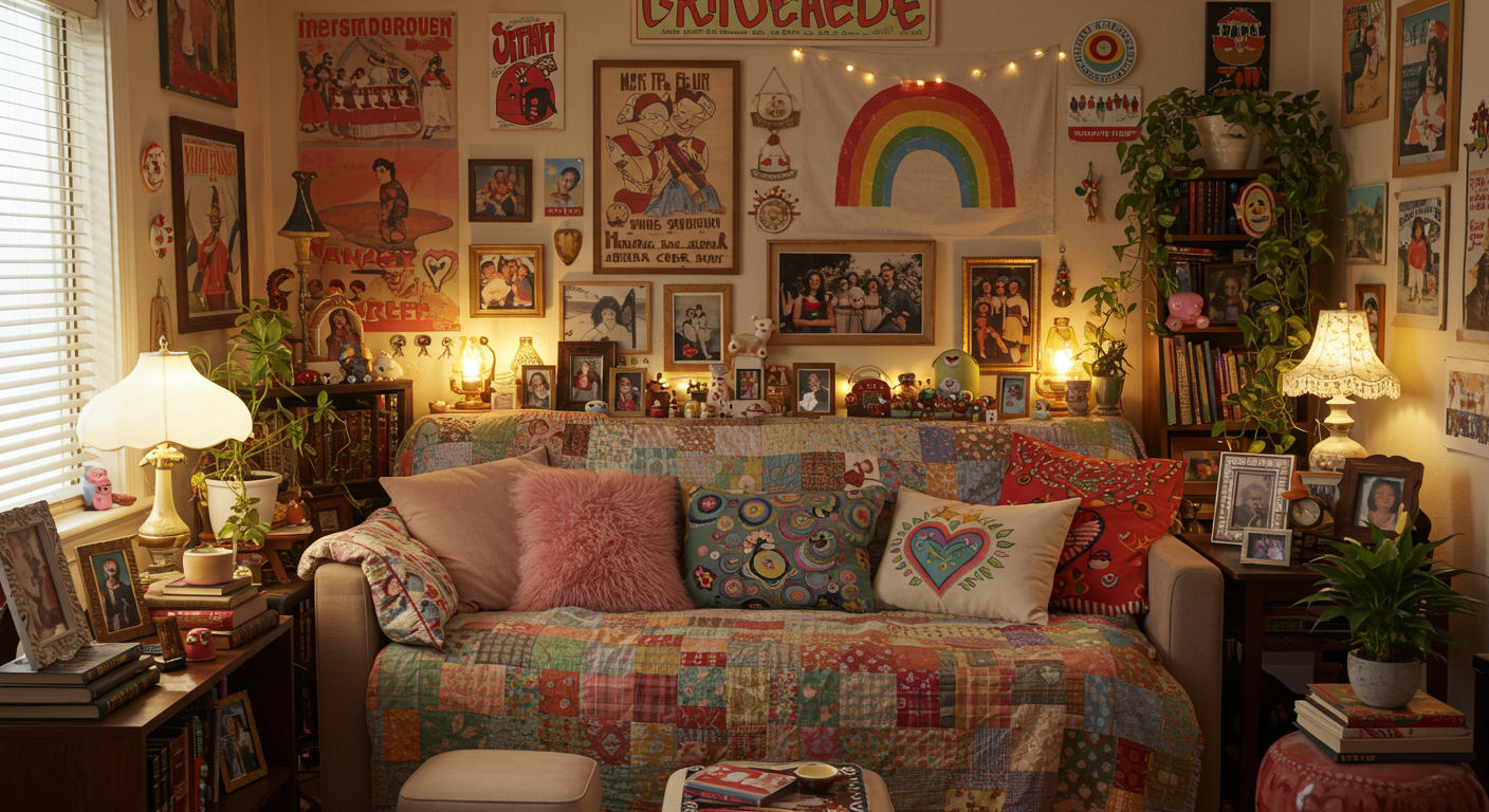 Cluttercore organized chaos room with eclectic decor and personal items on display.