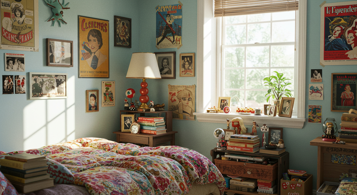 Cluttercore organized chaos space with a mix of patterns and textures.