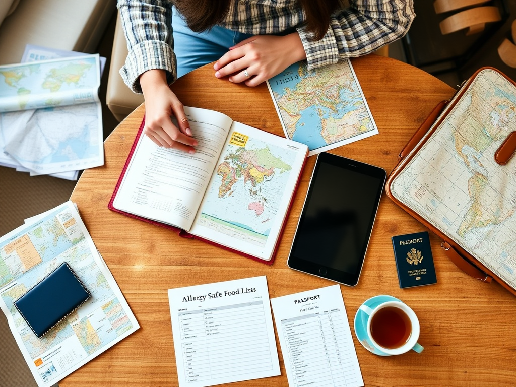 Person researching food options while traveling with food allergies