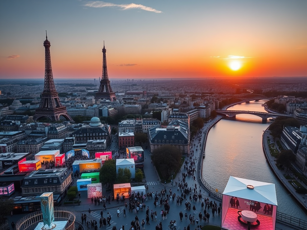 Colorful kinetic sculpture lighting up a Parisian boulevard during Design Week